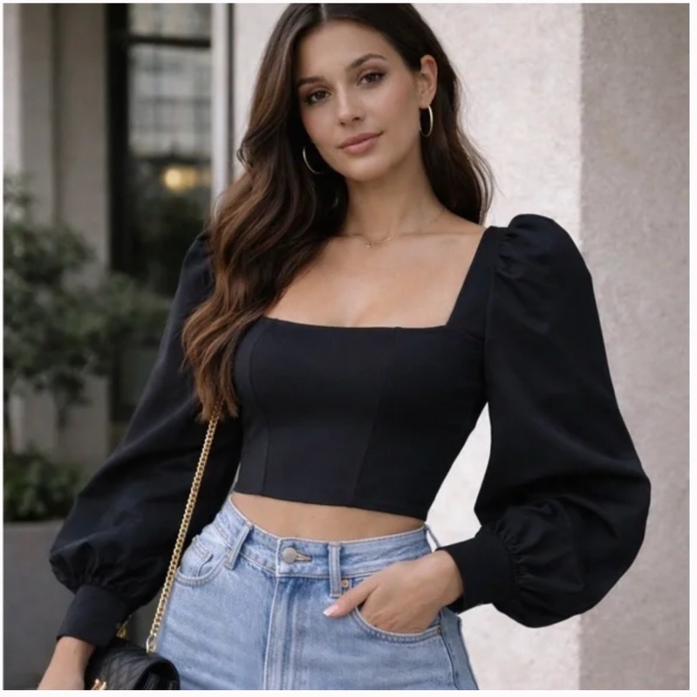 Naked Wardrobe The Statement Black Cropped Long Puff Sleeve Blouse Top
